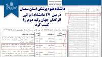 دانشگاه علوم پزشکی استان سمنان موفق به کسب رتبه دوم در بین 27 دانشگاه ایرانی اثرگذار جهان شد