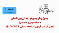 جدول زمان بندی فرآیند ارزیابی تکمیلی (حیطه عمومی و اختصاصی) تکمیل ظرفیت آزمون استخدام پیمانی 1402/07/28 